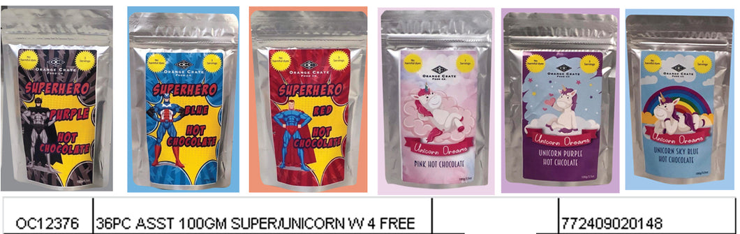 36 piece Hot Chocolate Assortment - 100 gram pouches - unicorn and super hero